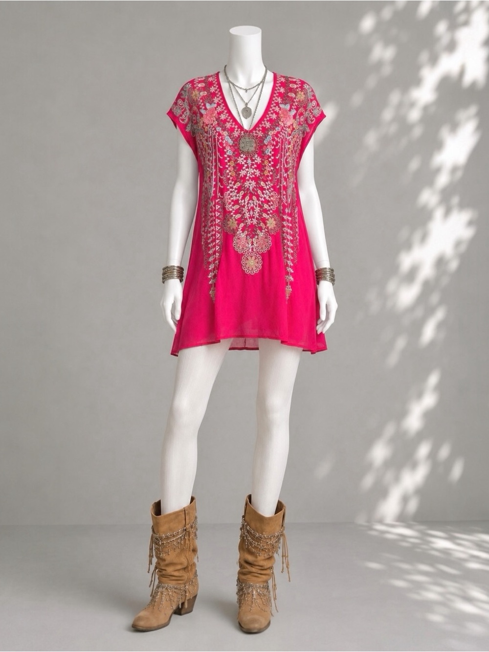 Johnny Was Floral Embroidered Boho Tunic Karineh Pomegranate Pink Fairy Top - Picture 2 of 13